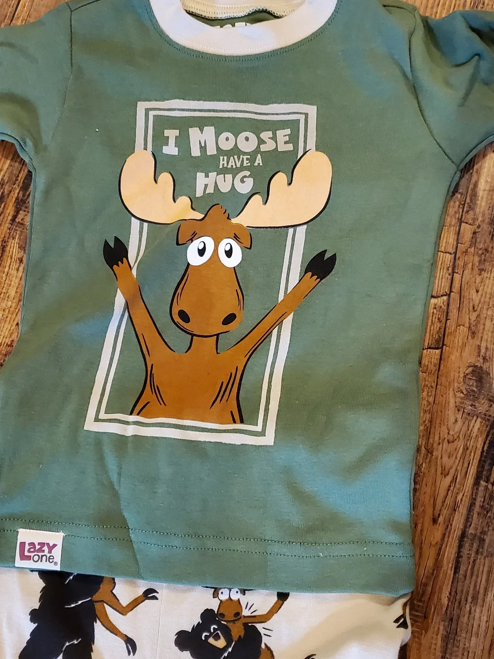 Lazy One Green Moose Graphic Kids Pajama Set with Cream Printed Pants